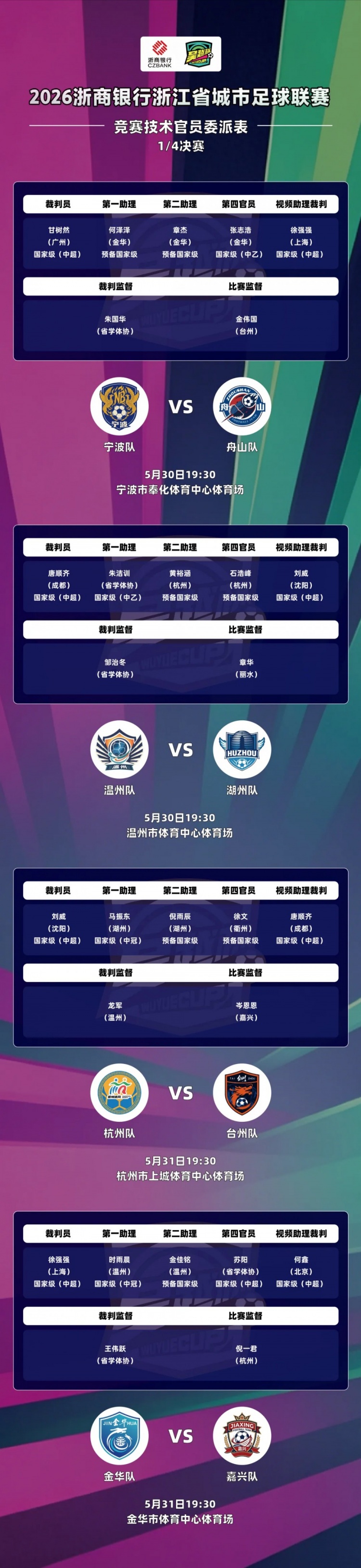 吳越杯四分之一決賽外省中超裁判全覆蓋，唐順齊、甘樹然分別執(zhí)法